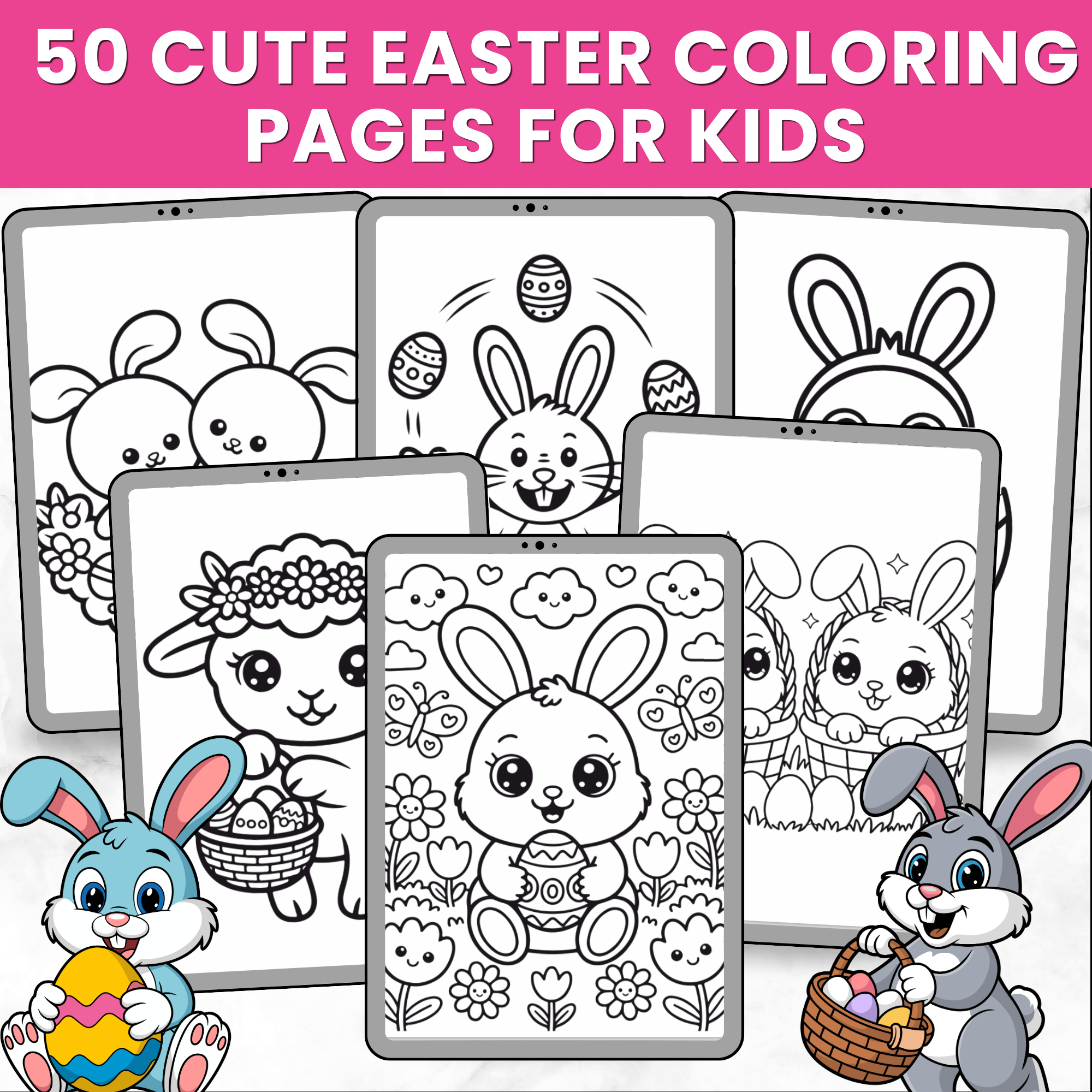 50 Cute Kawaii Easter Coloring Pages for Kids | Easter Bunny Coloring Book Printable Ages 3–8