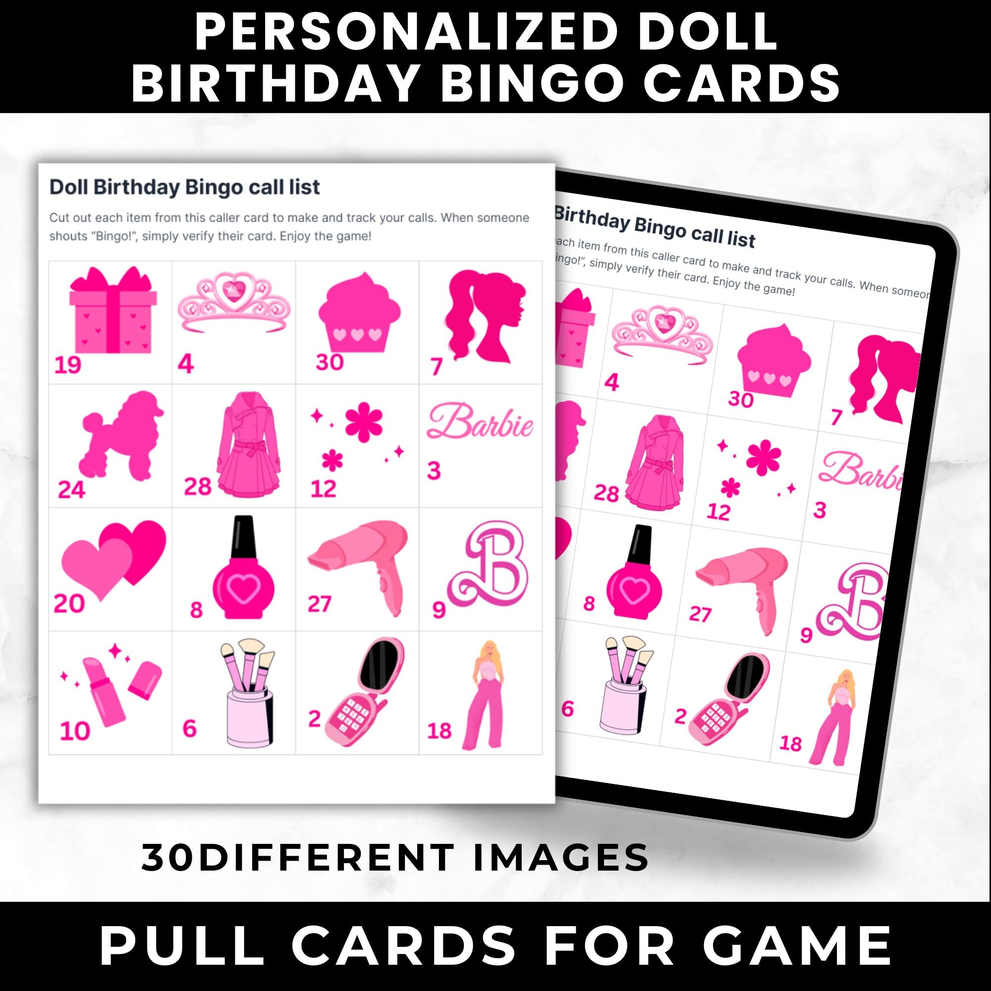 Custom Fashion Doll Birthday Bingo Cards for Girls Party | Printable Bingo Cards for Kids Birthday Activity |