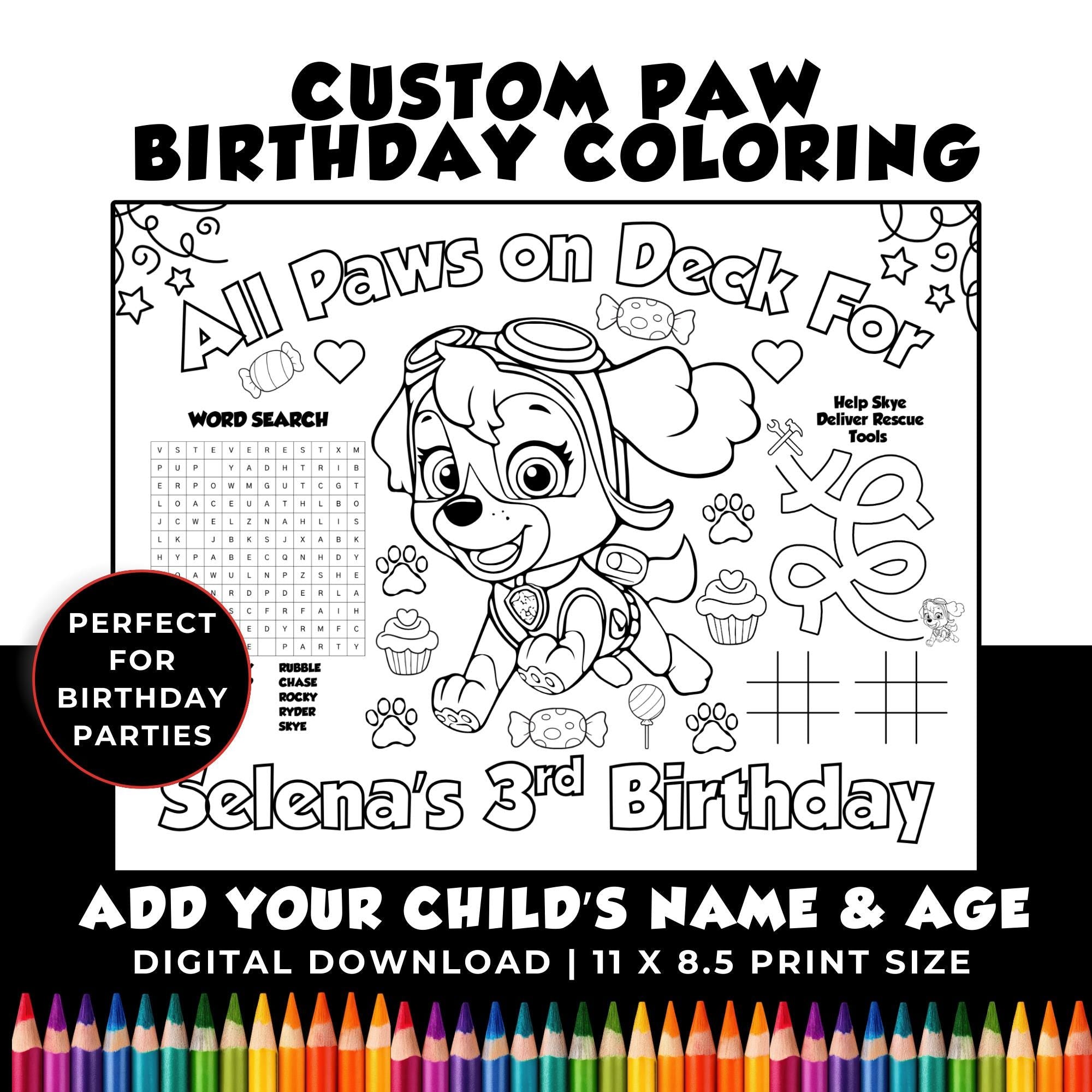 Personalized Skye Birthday Coloring | Printable Girl Dog Birthday Coloring Page | Paw Party Favors | Done for You Paw Birthday Coloring