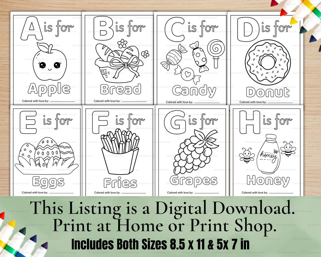 ABC Baby Shower Coloring Book | Personalized Baby's First ABC Book, Baby Shower Activity, Printable Alphabet Food Coloring Book Pages