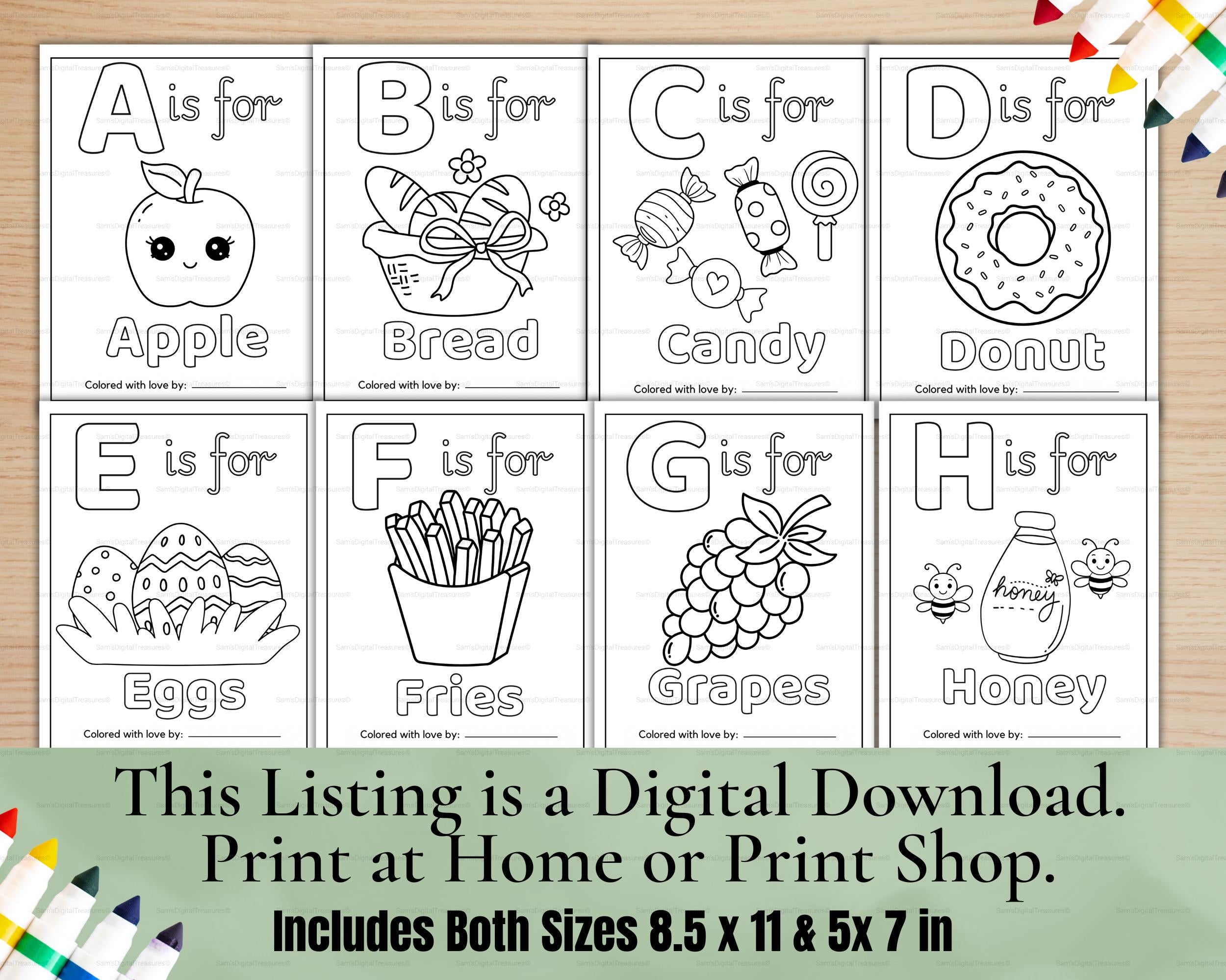 ABC Baby Shower Coloring Book | Personalized Baby's First ABC Book, Baby Shower Activity, Printable Alphabet Food Coloring Book Pages