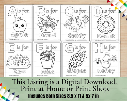 ABC Baby Shower Coloring Book | Personalized Baby's First ABC Book, Baby Shower Activity, Printable Alphabet Food Coloring Book Pages