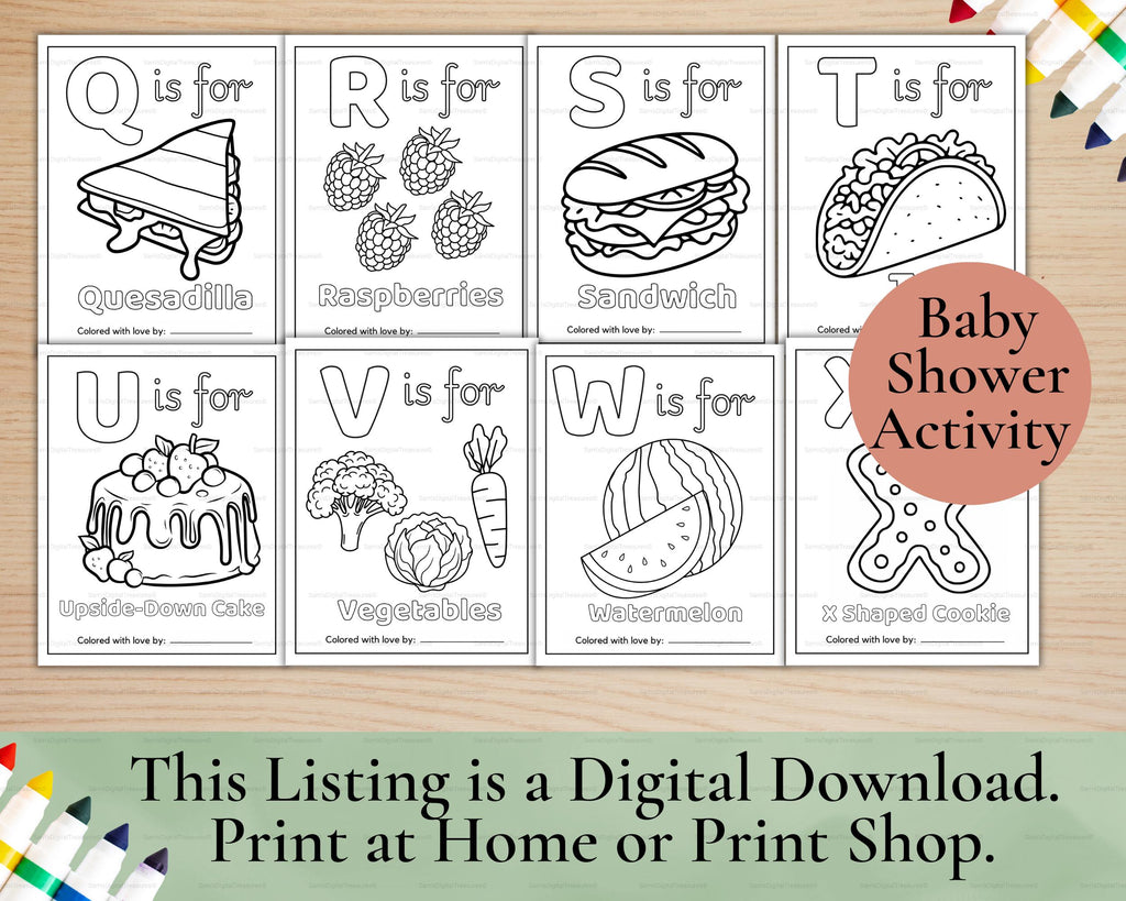 ABC Baby Shower Coloring Book | Personalized Baby's First ABC Book, Baby Shower Activity, Printable Alphabet Food Coloring Book Pages