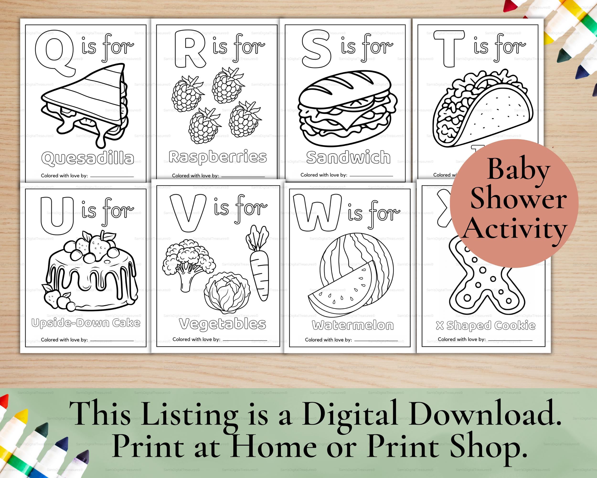 ABC Baby Shower Coloring Book | Personalized Baby's First ABC Book, Baby Shower Activity, Printable Alphabet Food Coloring Book Pages
