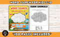 Children's word search book with farm animals theme on a wooden surface. Fun shaped word search puzzles for kids