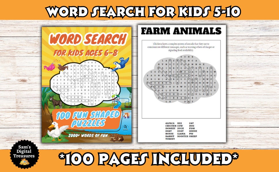 Children's word search book with farm animals theme on a wooden surface. Fun shaped word search puzzles for kids