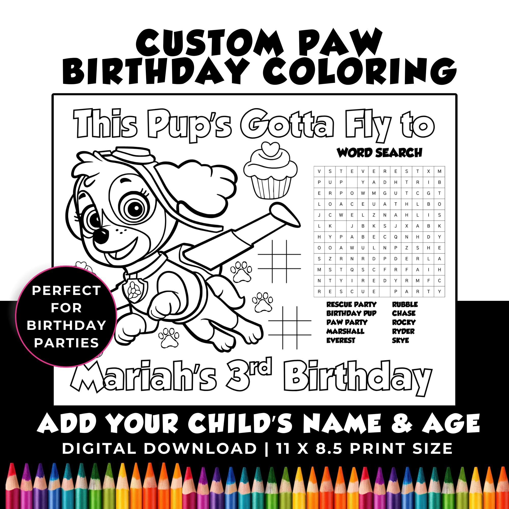 Personalized Skye Birthday Coloring | Skye Birthday Party Coloring Placemat | Paw Party Favors | Done for You Paw Birthday Coloring