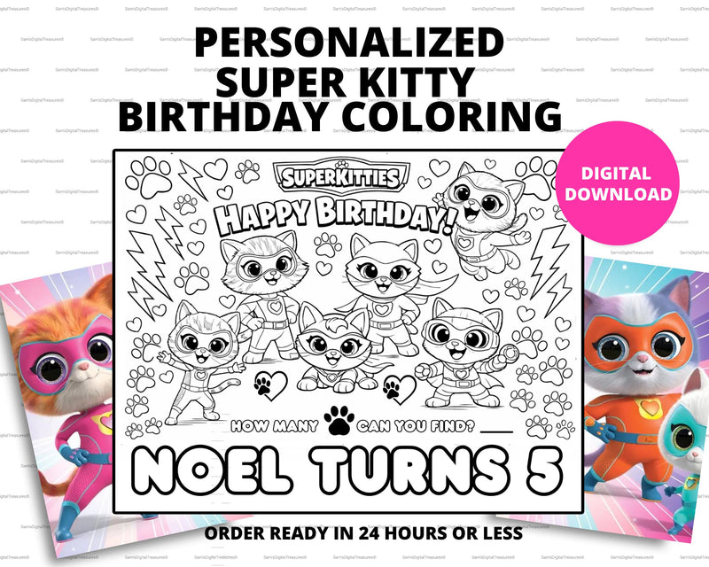 Custom SuperKitties Birthday Coloring Page Girls Party Activity Personalised