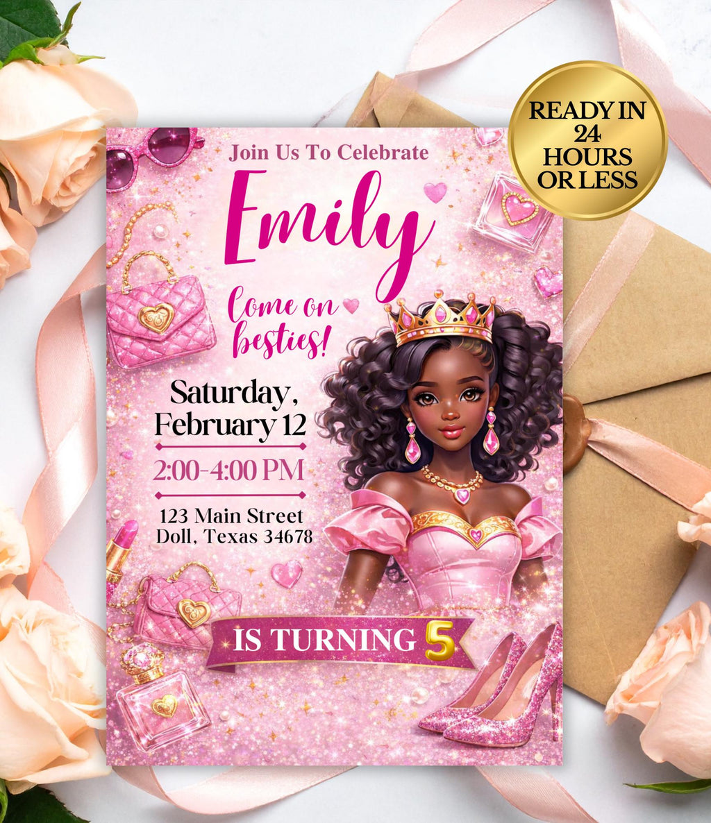 Custom Black Princess Invitation Card | Personalized Princess Birthday Card | Custom Digital Girls Party Invitation |  Doll Birthday Party