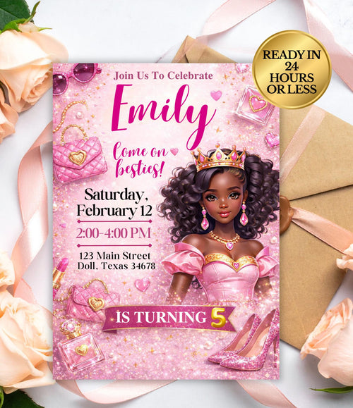 Custom Black Princess Invitation Card | Personalized Princess Birthday Card | Custom Digital Girls Party Invitation |  Doll Birthday Party