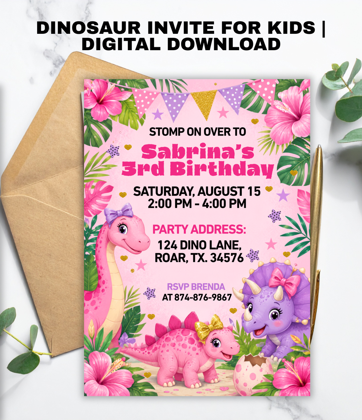 Pink Dinosaur birthday invitation printable, invitation design