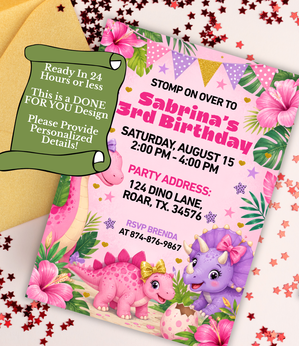 Pink Dinosaur birthday invitation printable, product mockup
