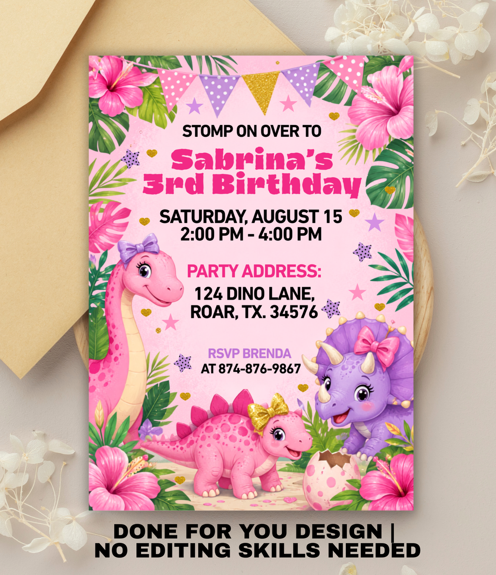 Pink Dinosaur birthday invitation printable, invitation design