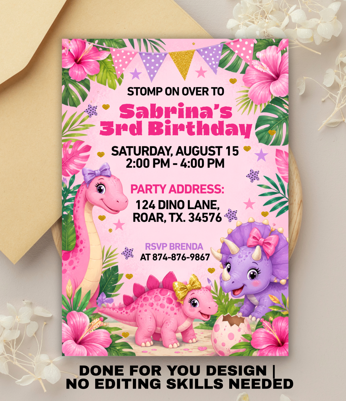 Pink Dinosaur birthday invitation printable, invitation design