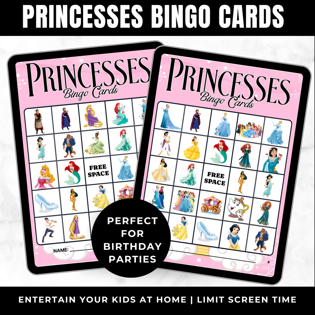 Princess Birthday Bingo Cards Printable for Kids | Princess Party Game Cards