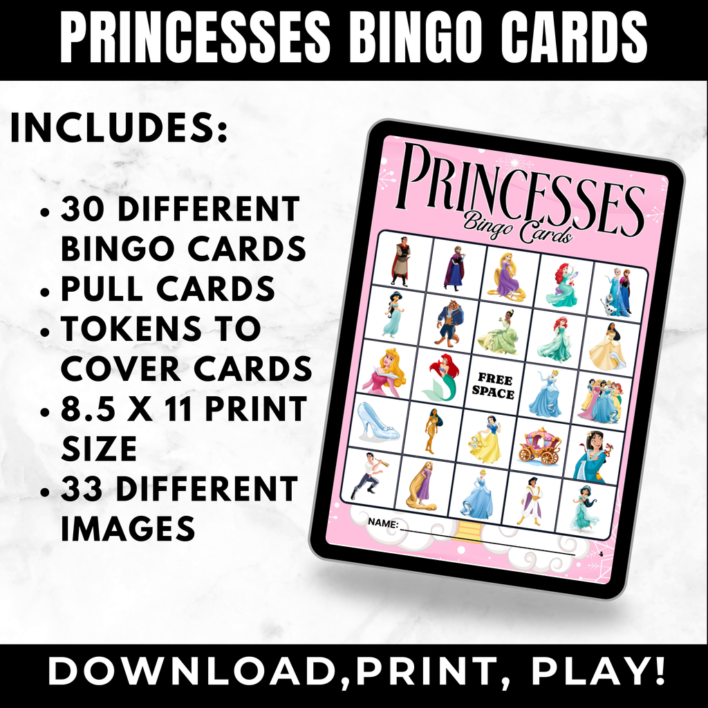 Princess Birthday Bingo Cards Printable for Kids | Princess Party Game Cards