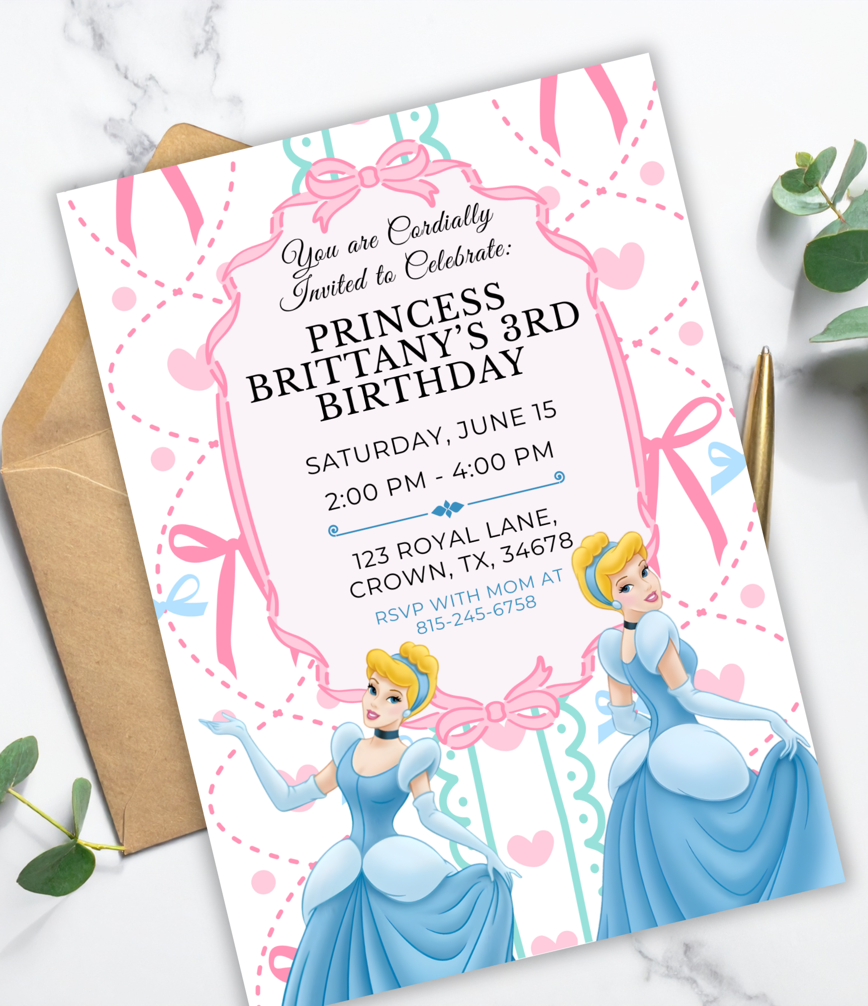 Cinderella Birthday Invitation for Girls | Personalized Princess Birthday Invite | Custom Fairytale Party Invitation