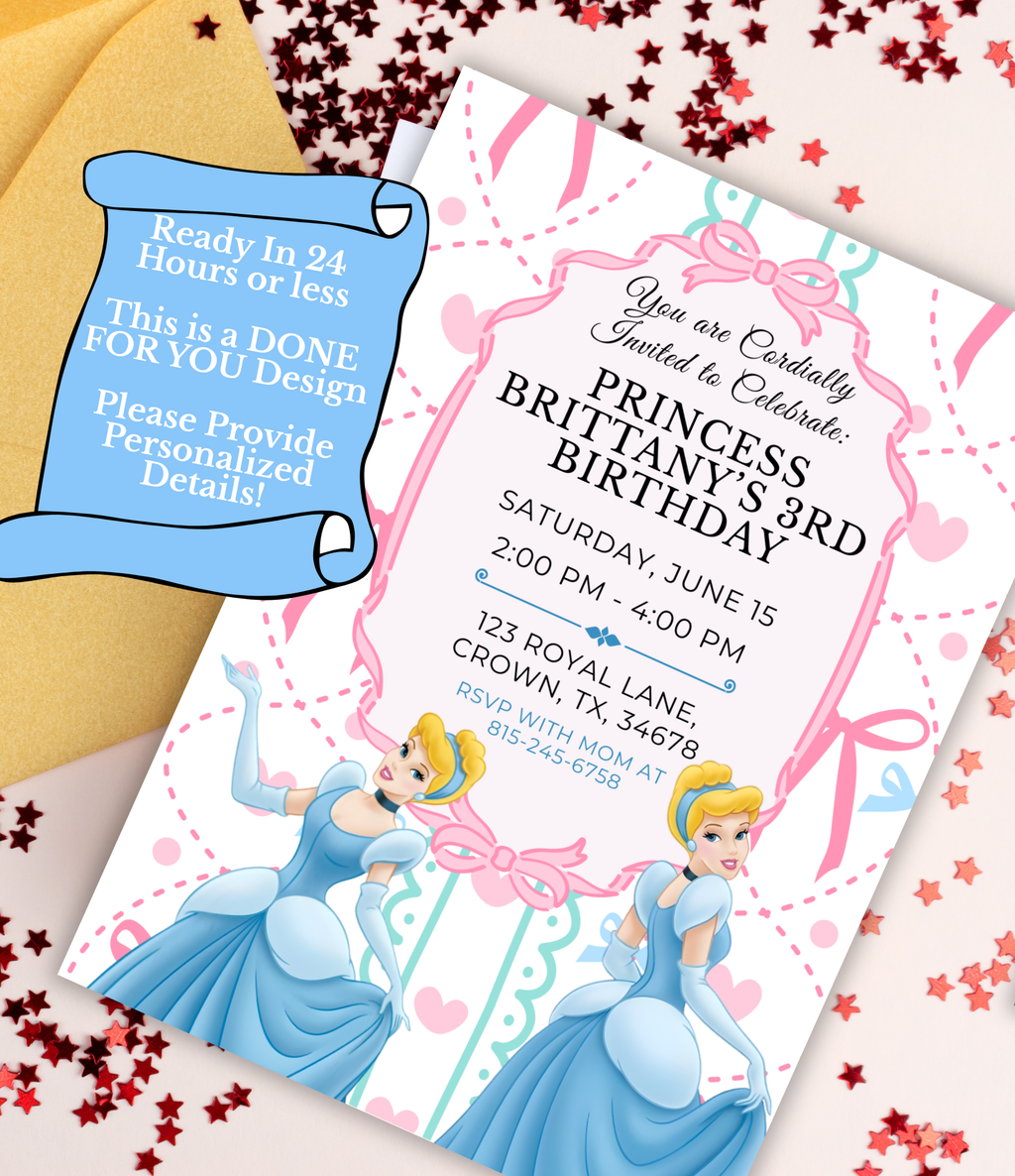 Cinderella Birthday Invitation for Girls | Personalized Princess Birthday Invite | Custom Fairytale Party Invitation