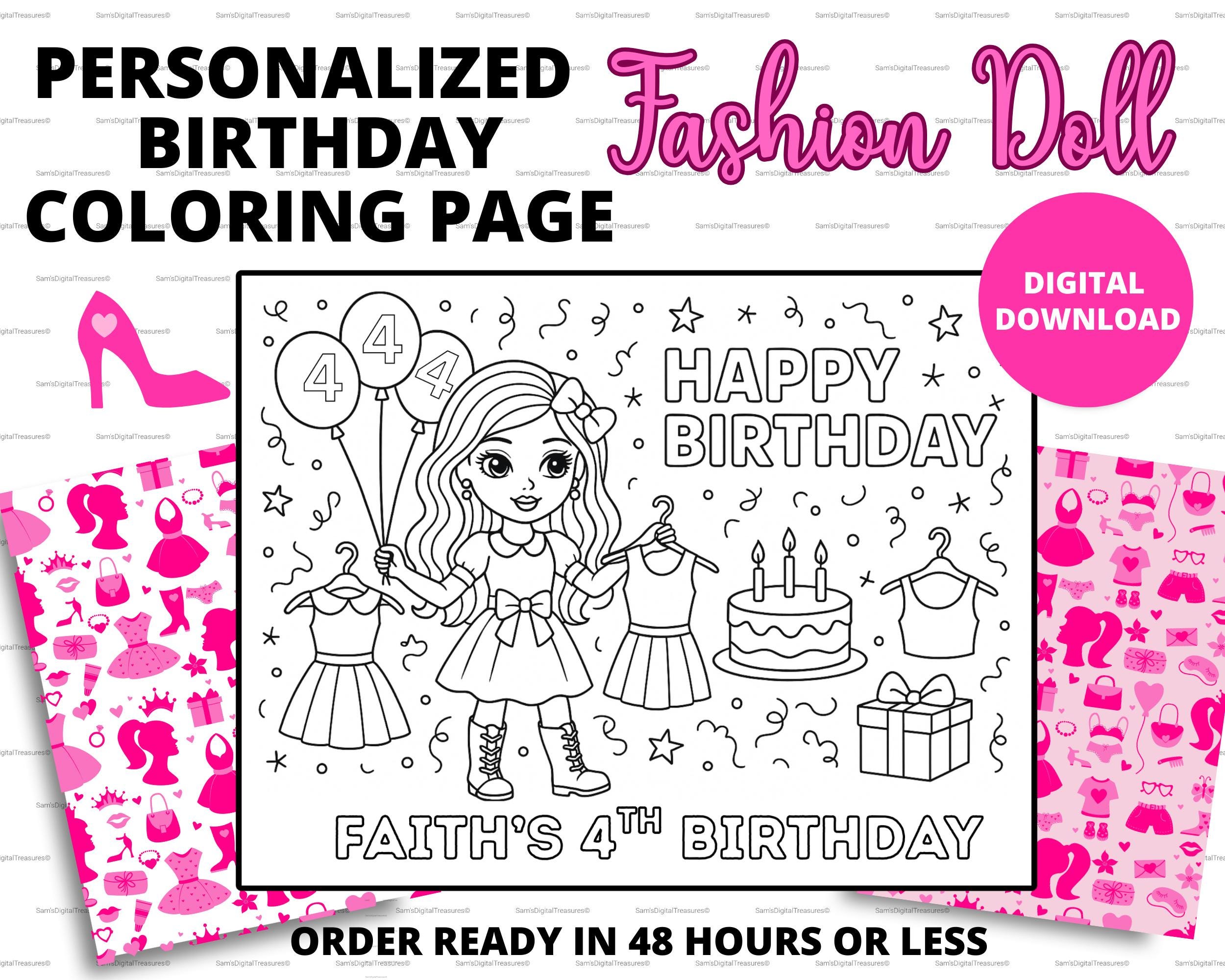 Custom Fashion Doll Birthday Coloring Page | Personalized Doll Birthday Activity | Custom Printable Kids Party Favor | Doll Coloring Sheet