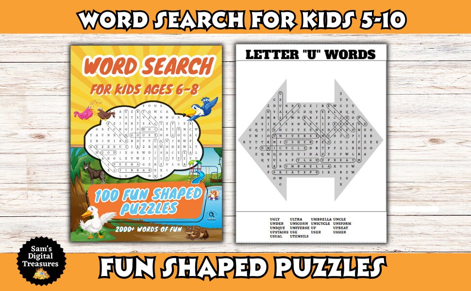 Children's word search puzzle book with a sample puzzle on a wooden surface