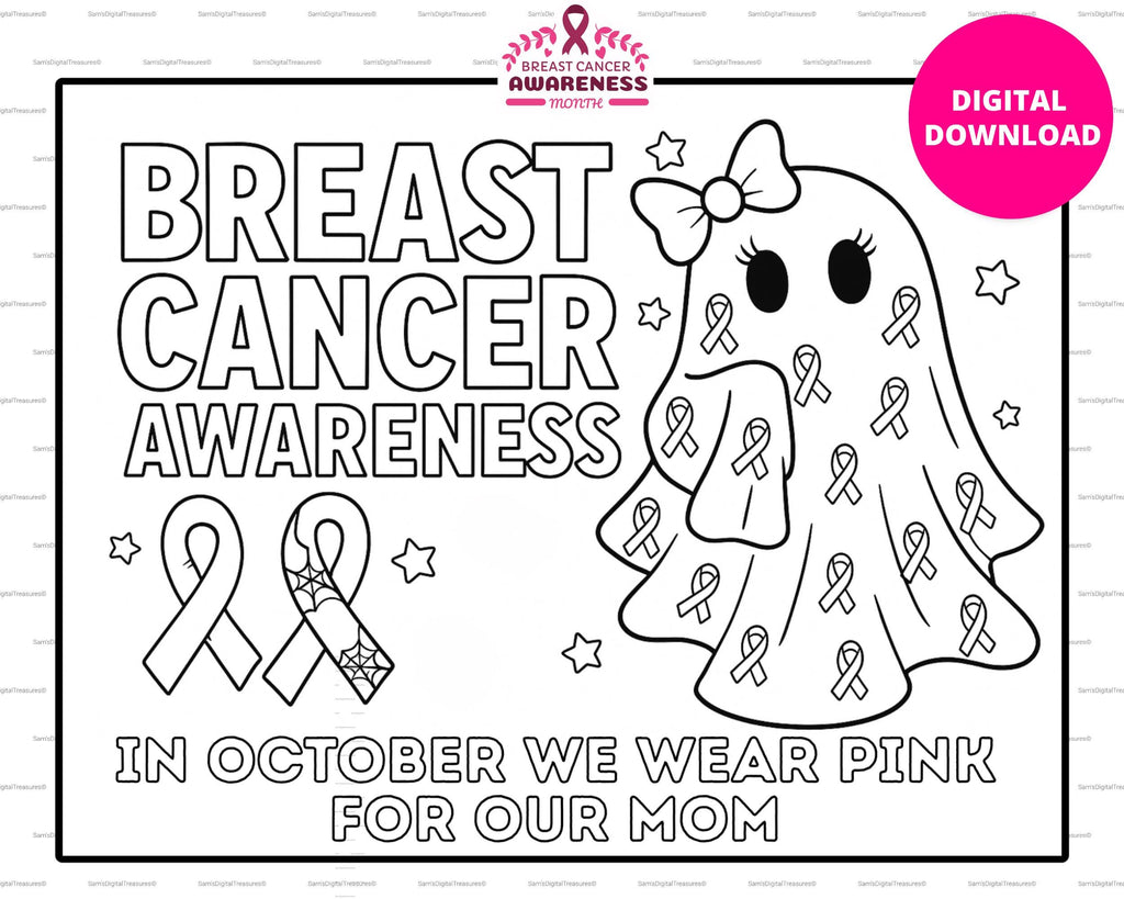 Custom Halloween Breast Cancer Awareness Coloring Page | In October We Wear Pink | Printable Coloring Sheet | Pink Ribbon Designs Digital