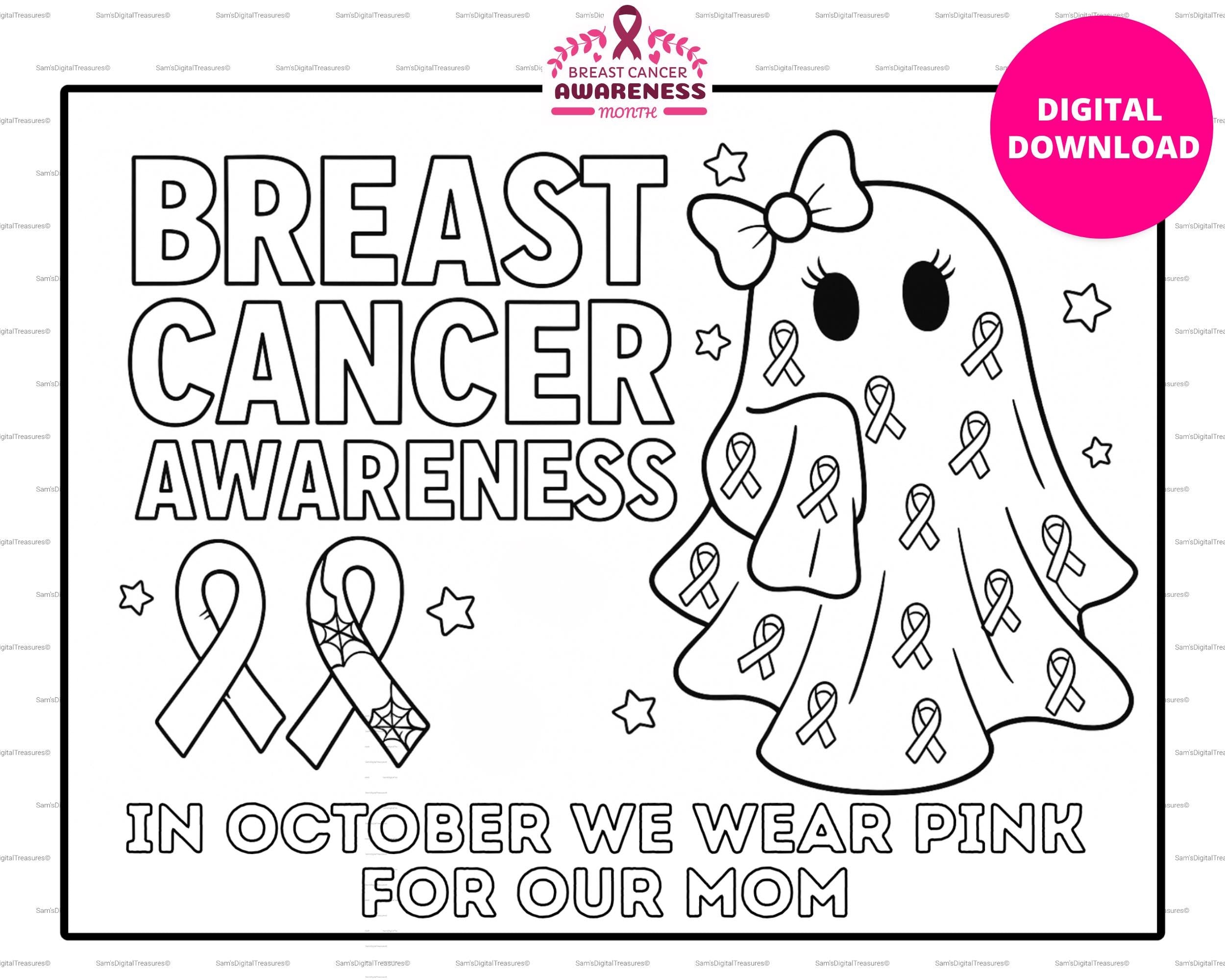 Custom Halloween Breast Cancer Awareness Coloring Page | In October We Wear Pink | Printable Coloring Sheet | Pink Ribbon Designs Digital