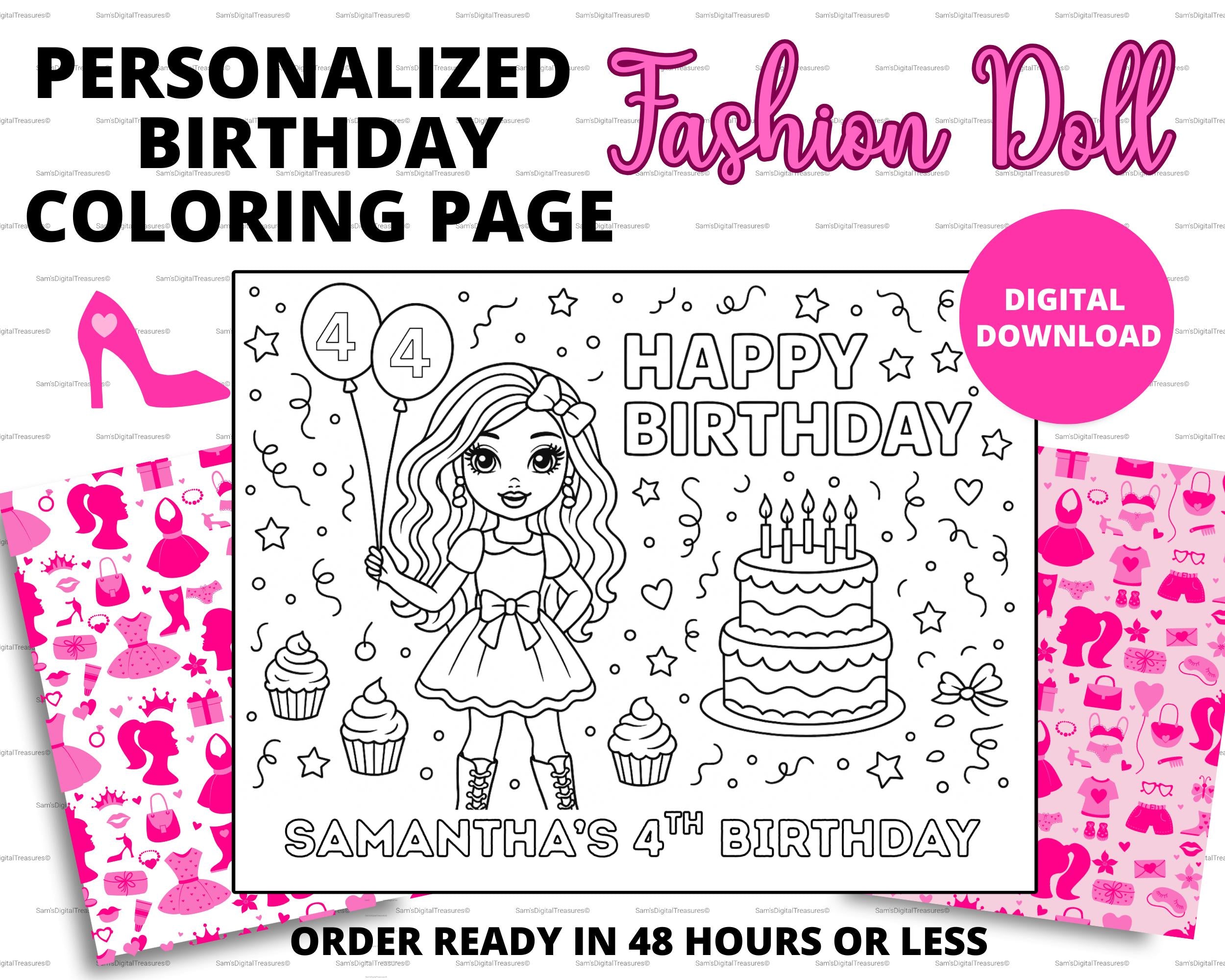 Custom Fashion Doll Birthday Coloring Page | Personalized Barbie Doll Birthday Activity | Custom Printable Kids Party Favor | Doll Coloring Sheet