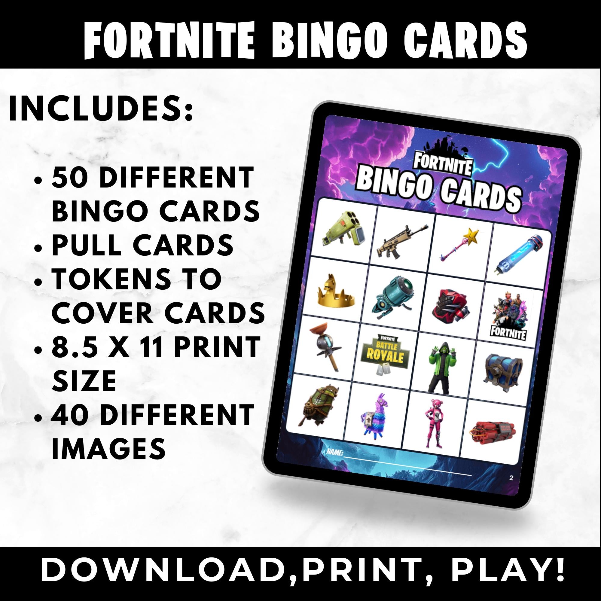 Fortnite Game Bingo Cards | Fortnite Game Birthday Party Games | Fortnite Party Favors | Printable Bingo Cards