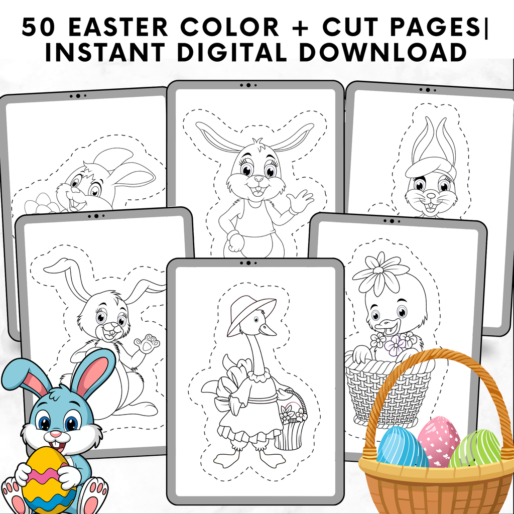 50 Easter Coloring & Cut Pages for Kids | Easter Bunny Printable Activities | Cut and Color Worksheets | Preschool & Toddler Easter Crafts PDF