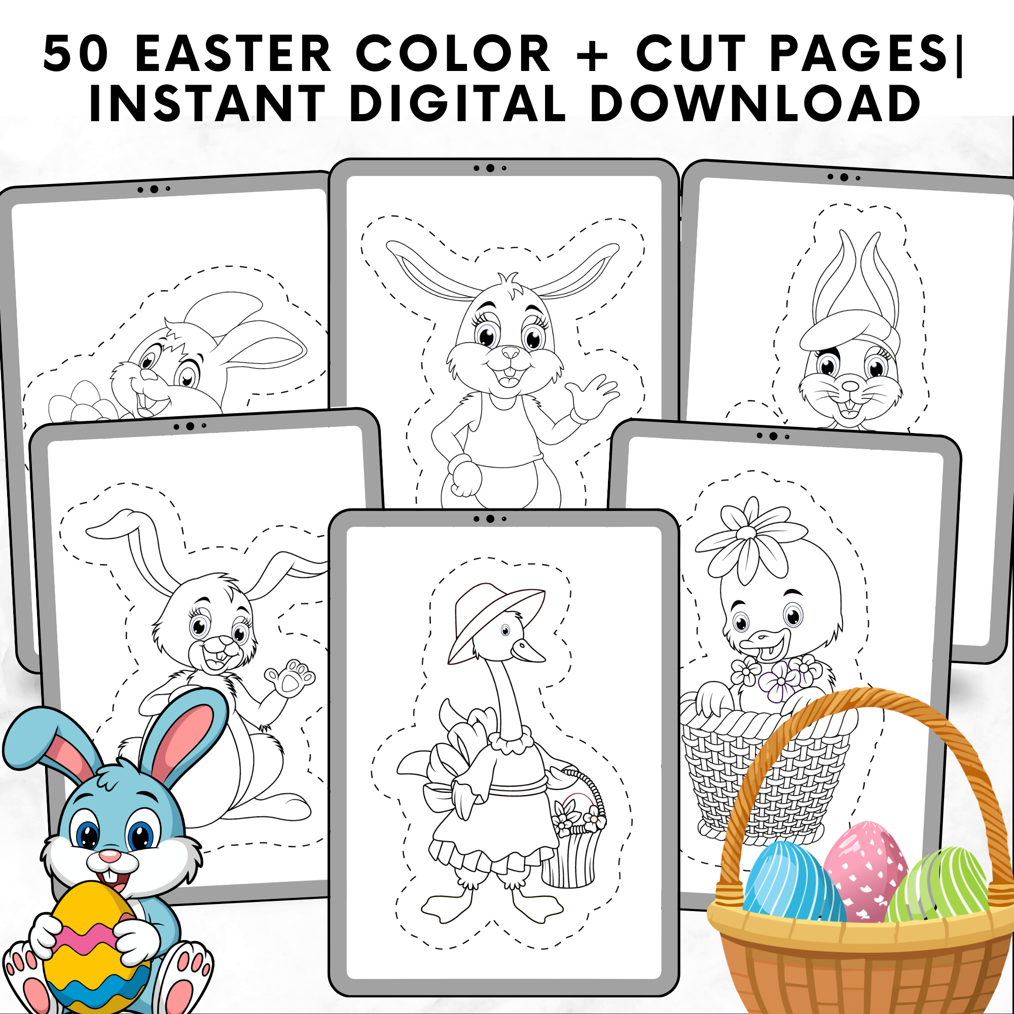 50 Easter Coloring & Cut Pages for Kids | Easter Bunny Printable Activities | Cut and Color Worksheets | Preschool & Toddler Easter Crafts PDF