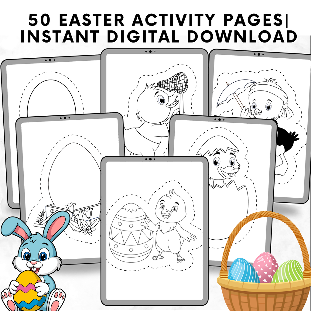 50 Easter Coloring & Cut Pages for Kids | Easter Bunny Printable Activities | Cut and Color Worksheets | Preschool & Toddler Easter Crafts PDF