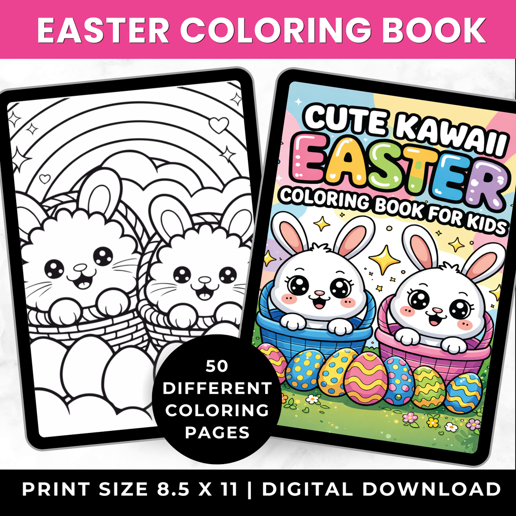 50 Cute Kawaii Easter Coloring Pages for Kids | Easter Bunny Coloring Book Printable Ages 3–8
