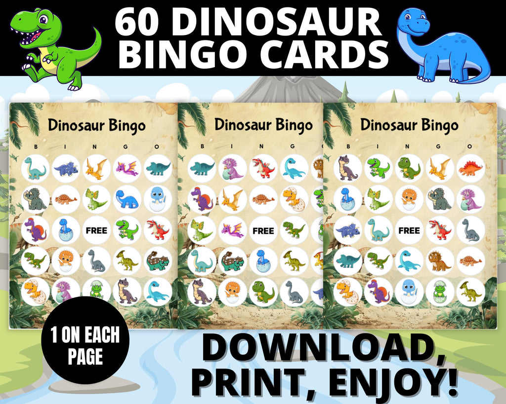 Dinosaur Bingo Game | Dinosaur Birthday Bingo Cards | Kids T-Rex Party Activity | 60 Dino Bingo Cards