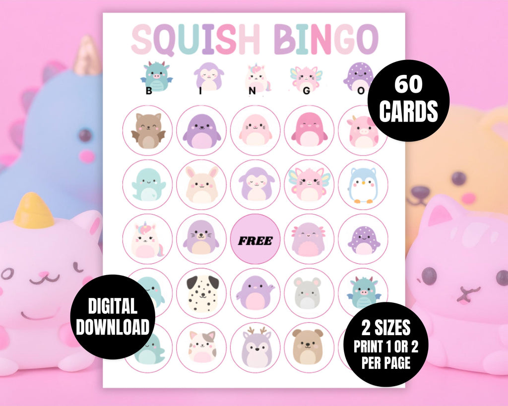 60 Squish Bingo Cards| Kids Birthday Bingo Game | Girls Birthday Party Activity