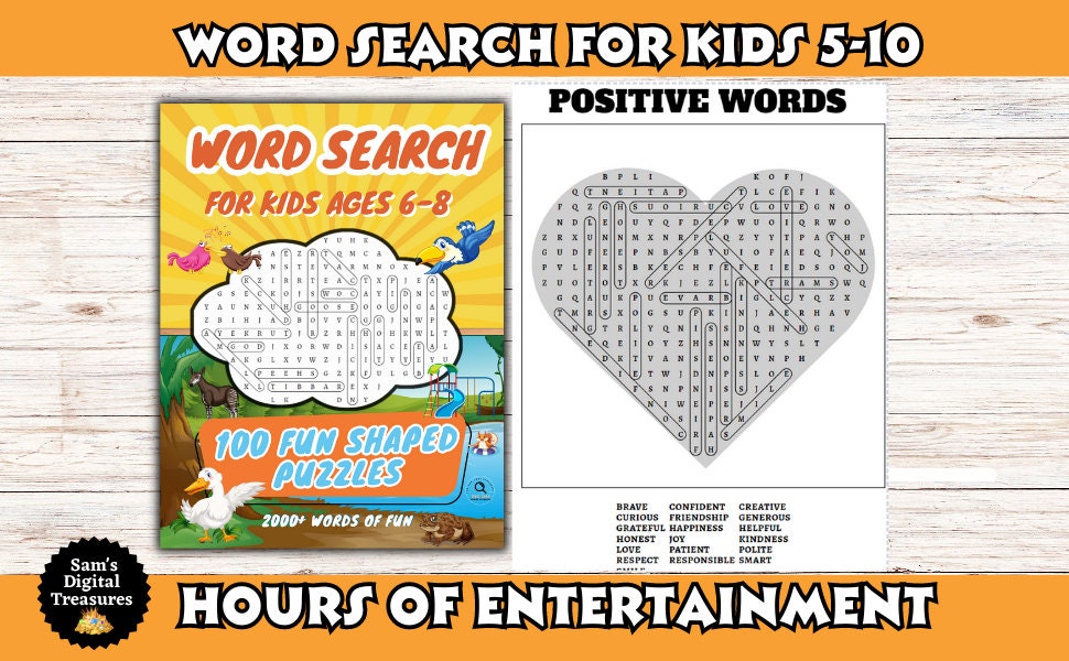 Children's word search puzzle book with a sample puzzle on a wooden background
