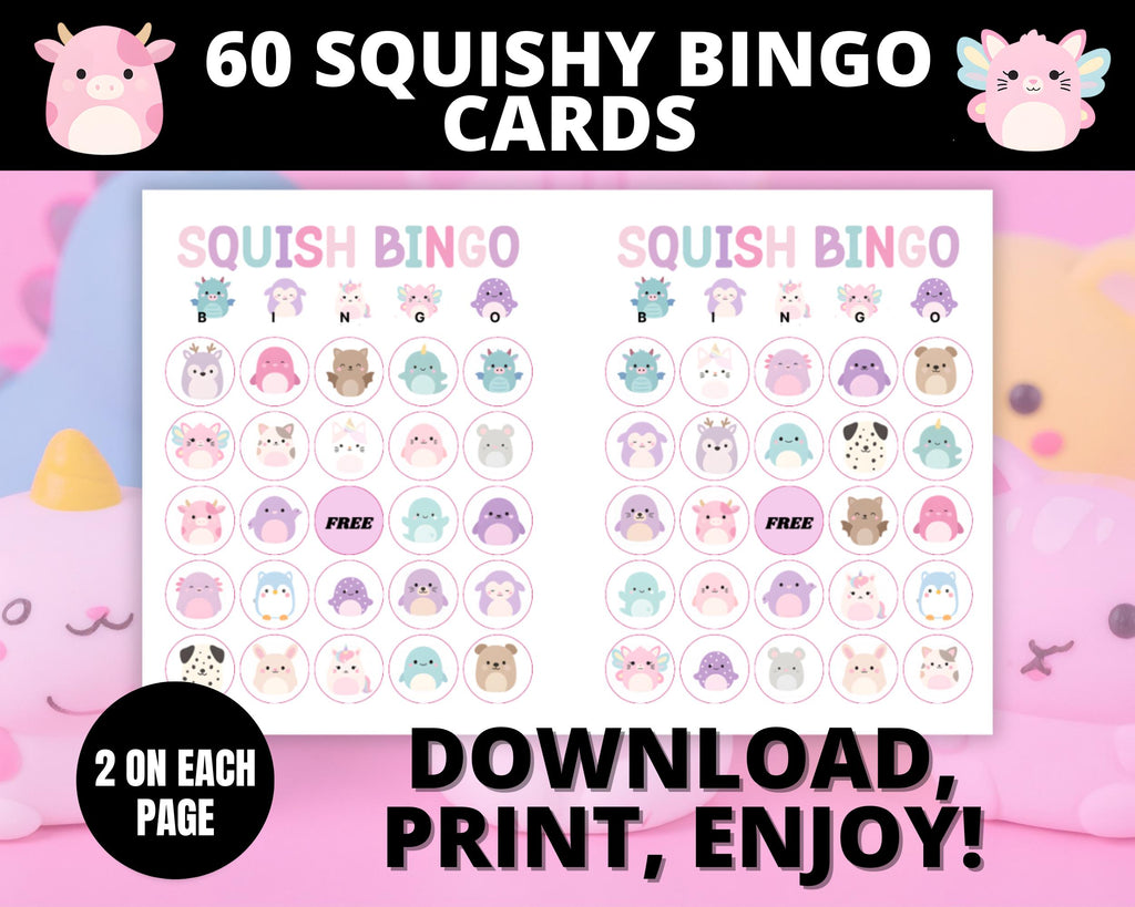60 Squish Bingo Cards| Kids Birthday Bingo Game | Girls Birthday Party Activity