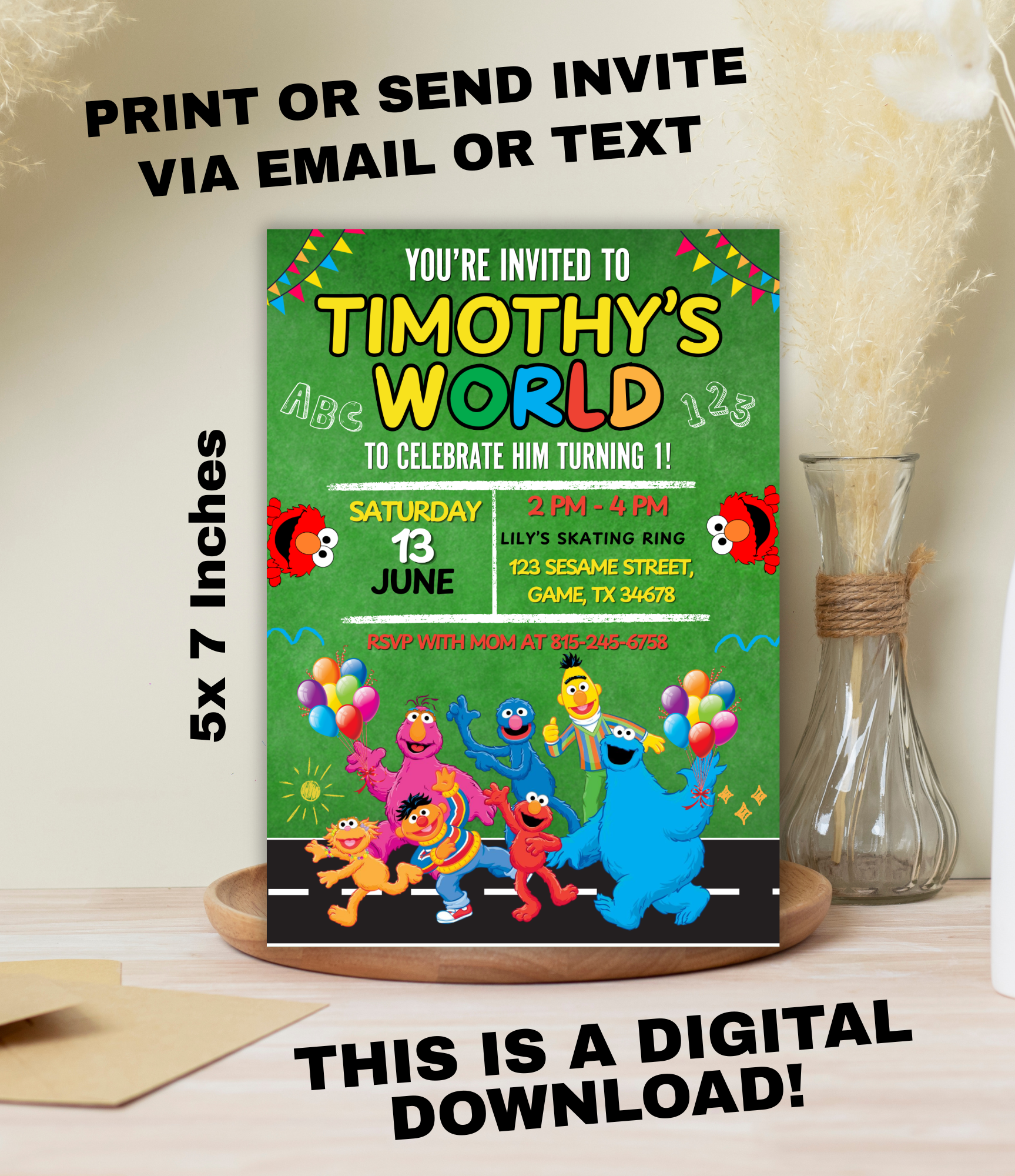 Personalized Sesame Street Birthday Invitation for Kids | Elmo Birthday Party Invite | Custom 1st Birthday Invitation
