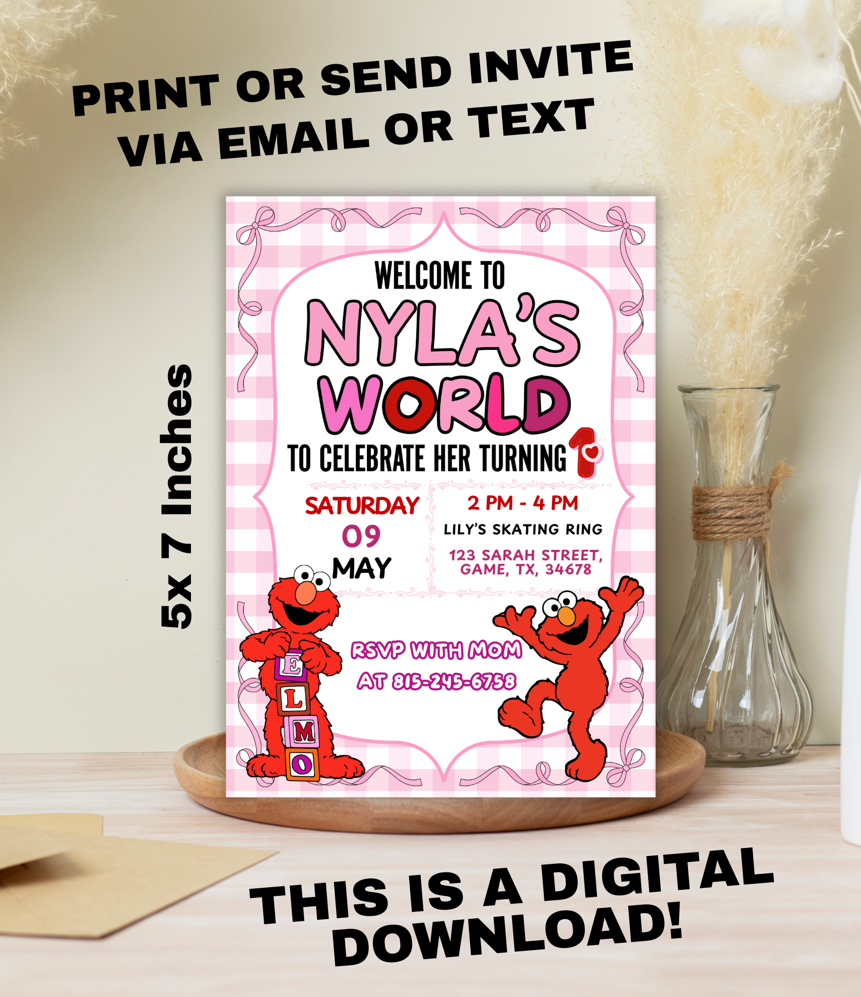 Girly Elmo Birthday Invitation for Girls | Personalized Elmo First Birthday Invite | Sesame Street Toddler Birthday Invitation