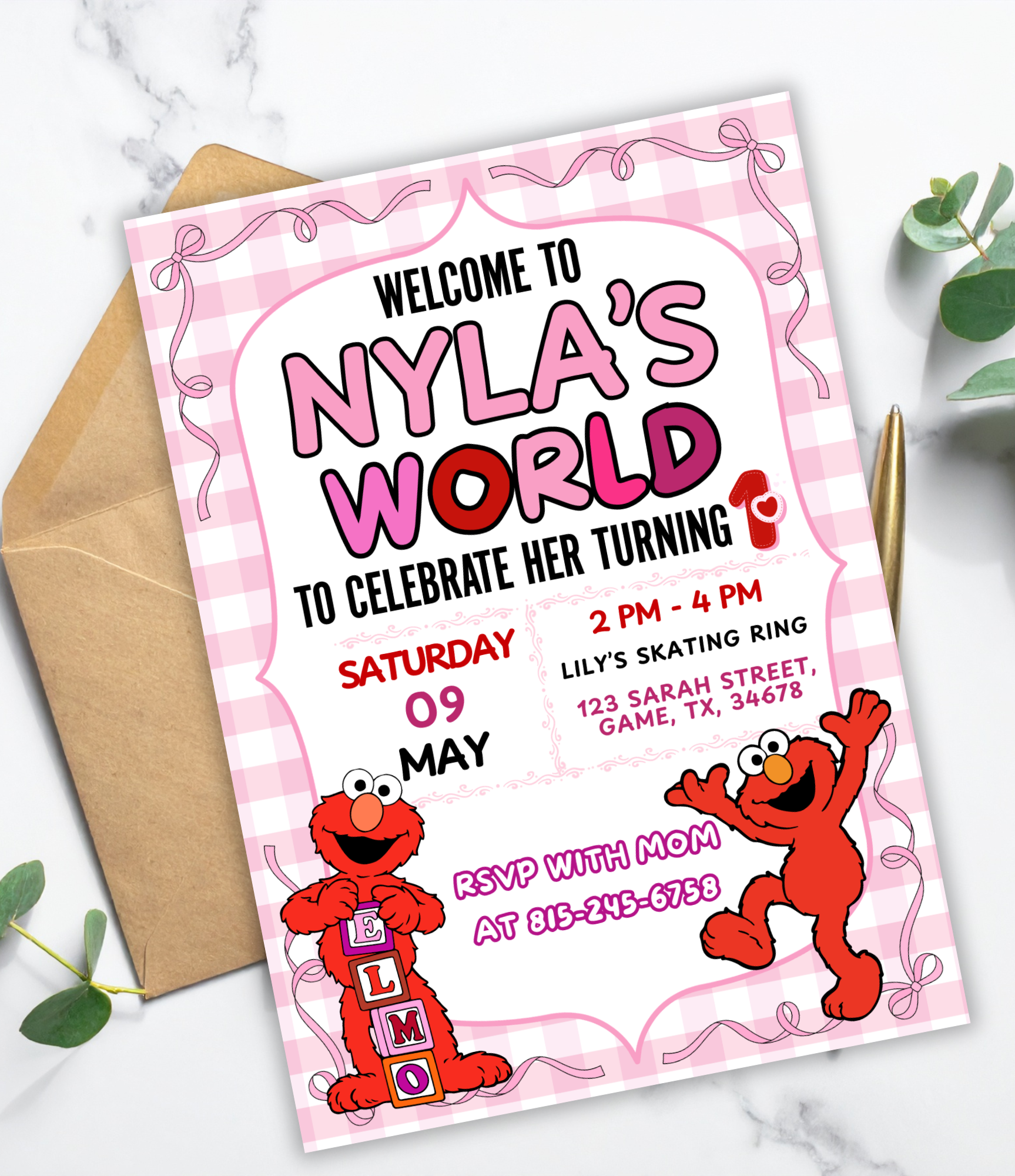 Girly Elmo Birthday Invitation for Girls | Personalized Elmo First Birthday Invite | Sesame Street Toddler Birthday Invitation