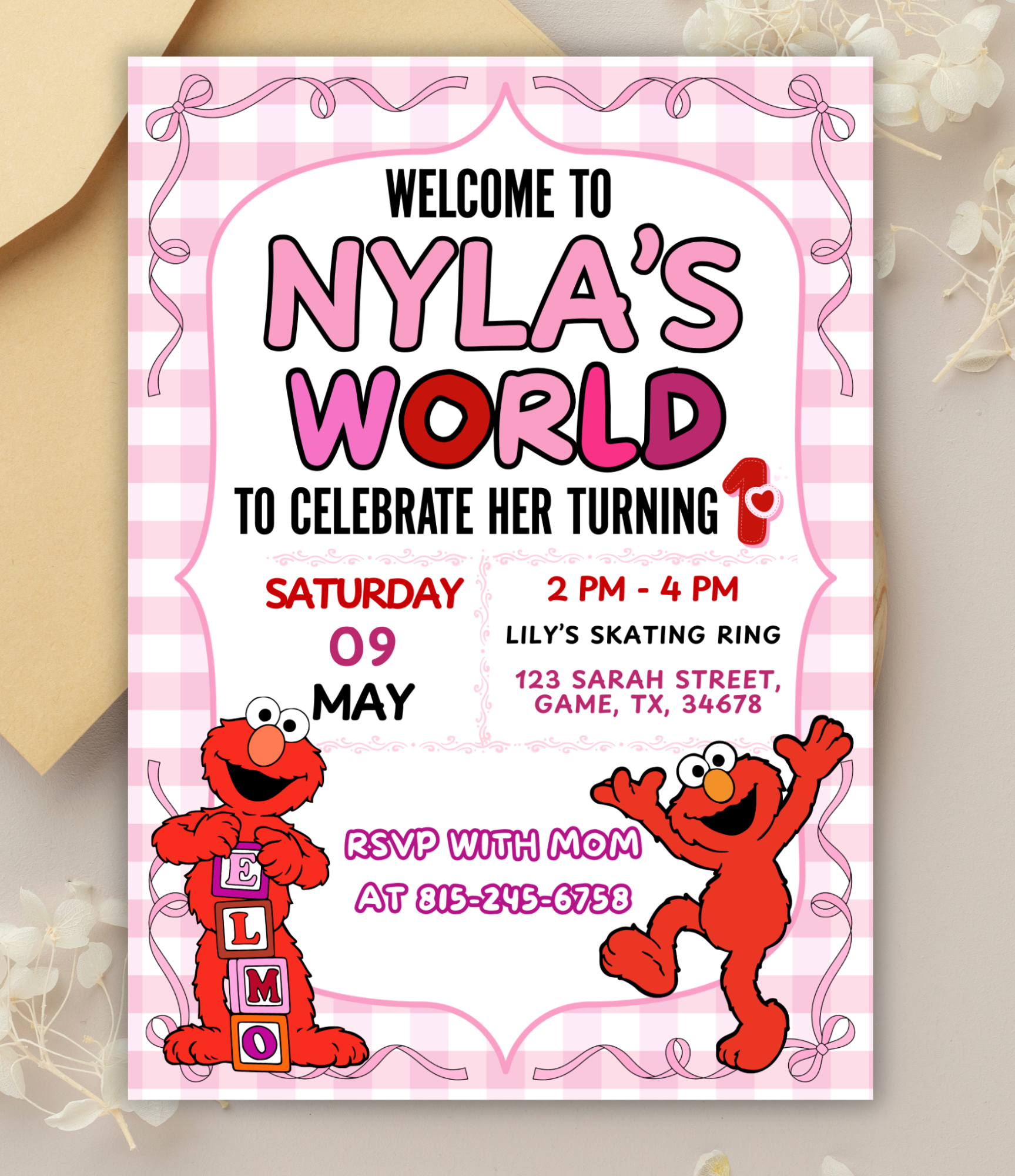 Girly Elmo Birthday Invitation for Girls | Personalized Elmo First Birthday Invite | Sesame Street Toddler Birthday Invitation