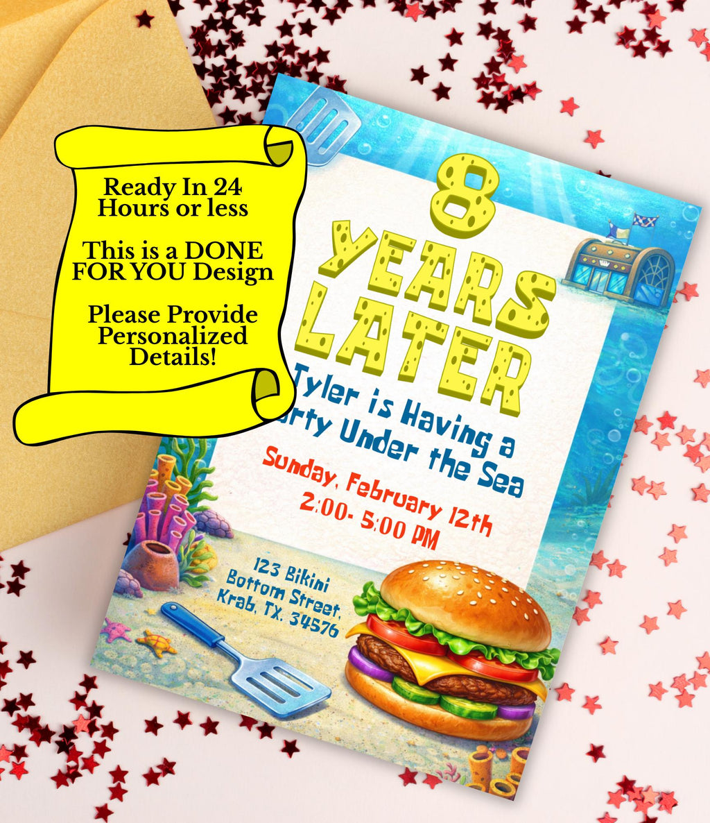 Personalized SpongeBob  Birthday Invitation | Animated Birthday Invitation Ocean Party Template | Cartoon Party Invitation