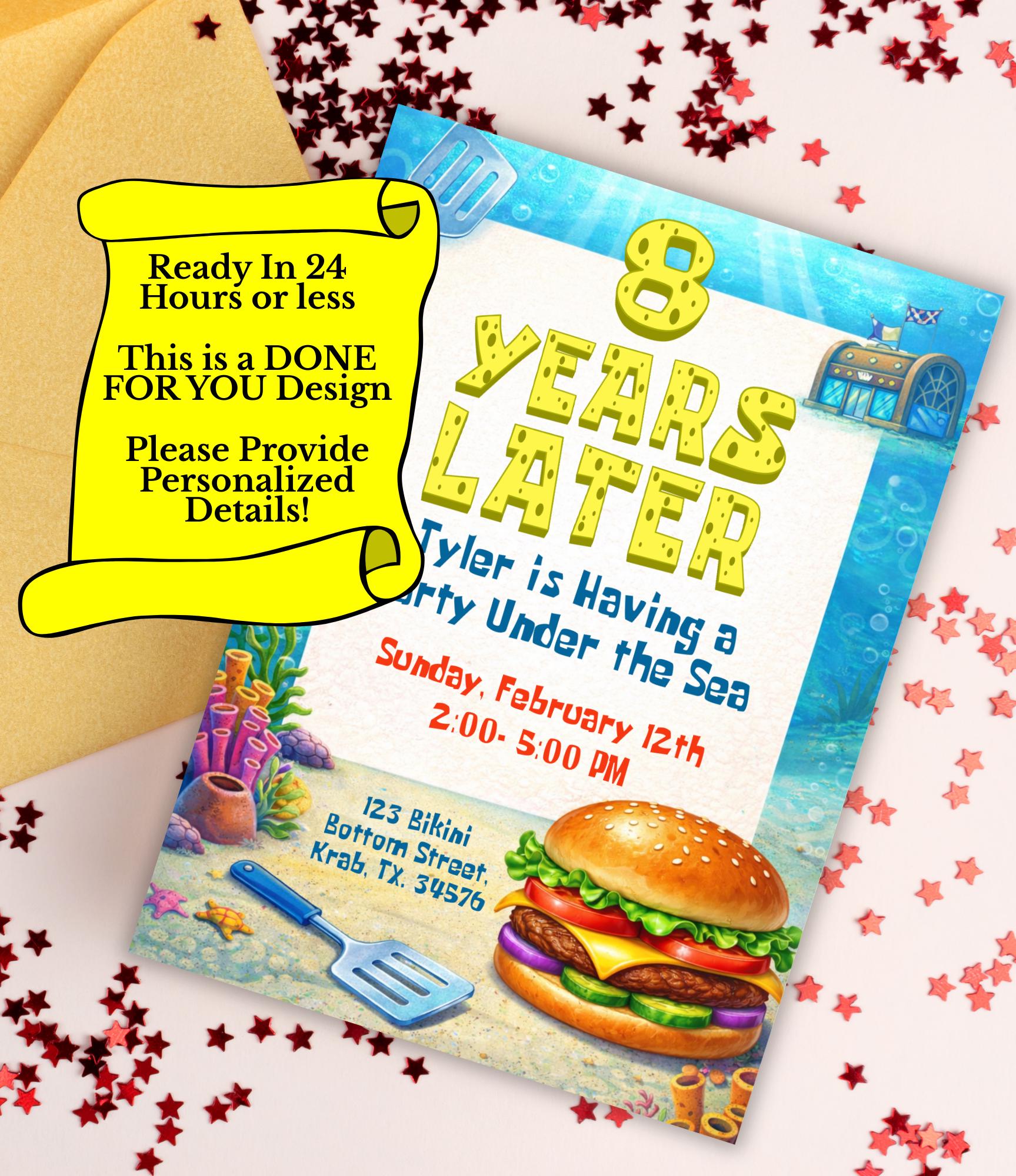 Personalized SpongeBob  Birthday Invitation | Animated Birthday Invitation Ocean Party Template | Cartoon Party Invitation
