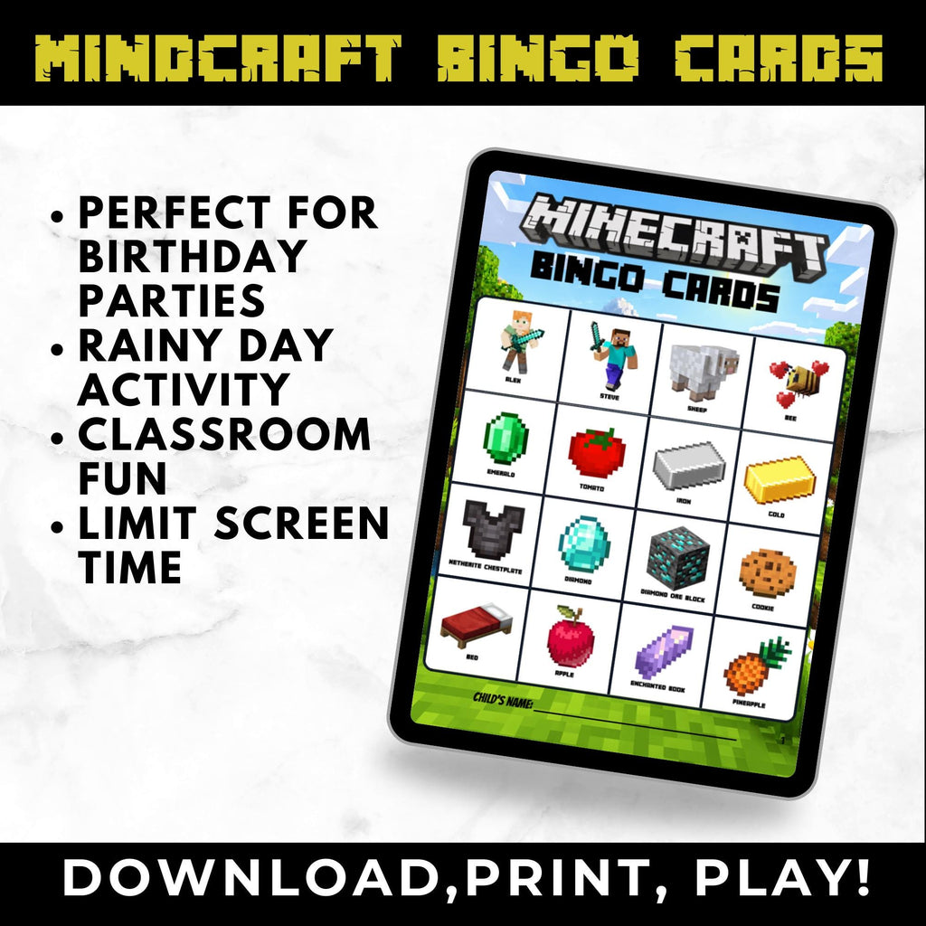 Minecrafter Bingo Cards | Minecrafter Birthday Party Game for Kids | Printable Gaming Bingo Cards | Minecrafter Party Favor