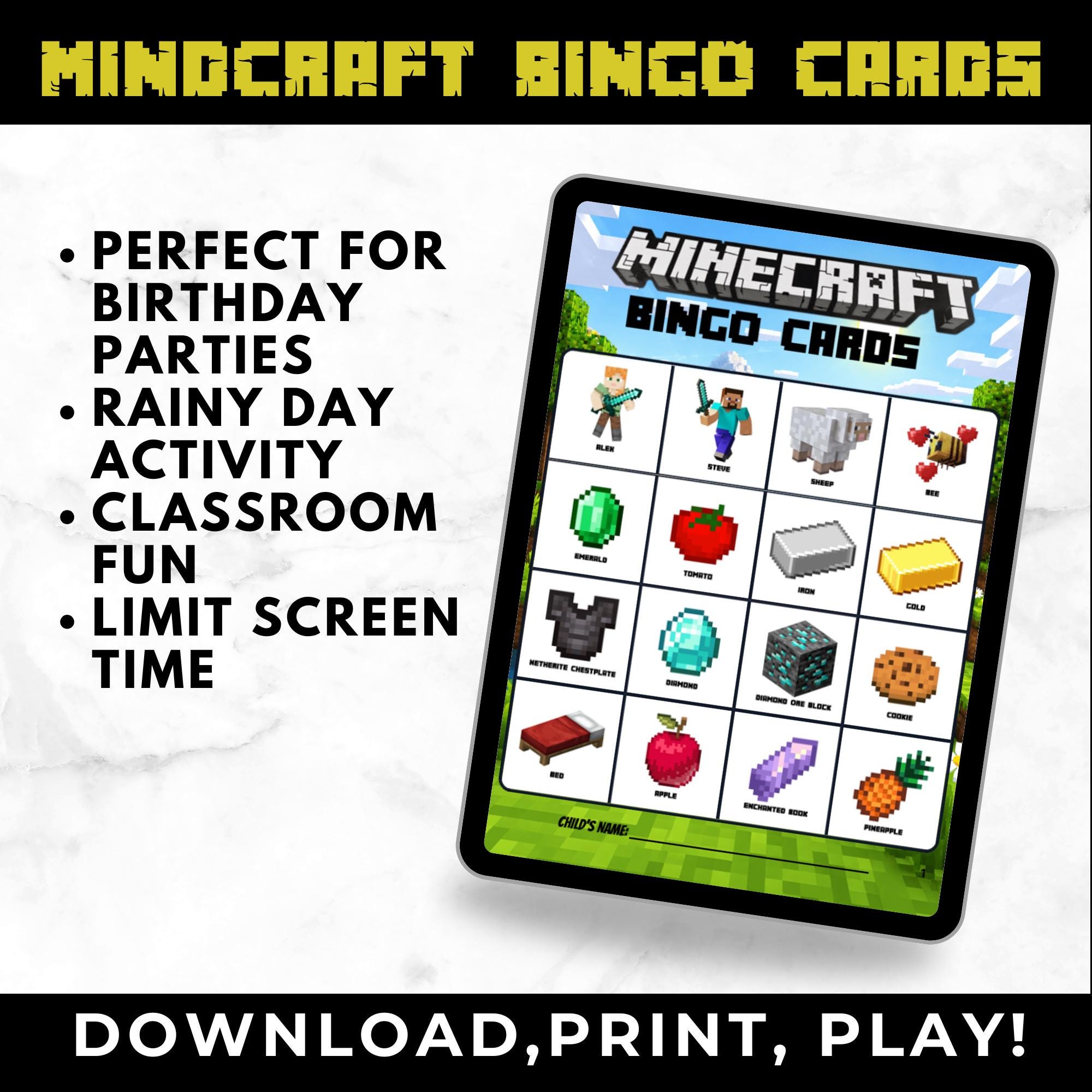 Minecrafter Bingo Cards | Minecrafter Birthday Party Game for Kids | Printable Gaming Bingo Cards | Minecrafter Party Favor