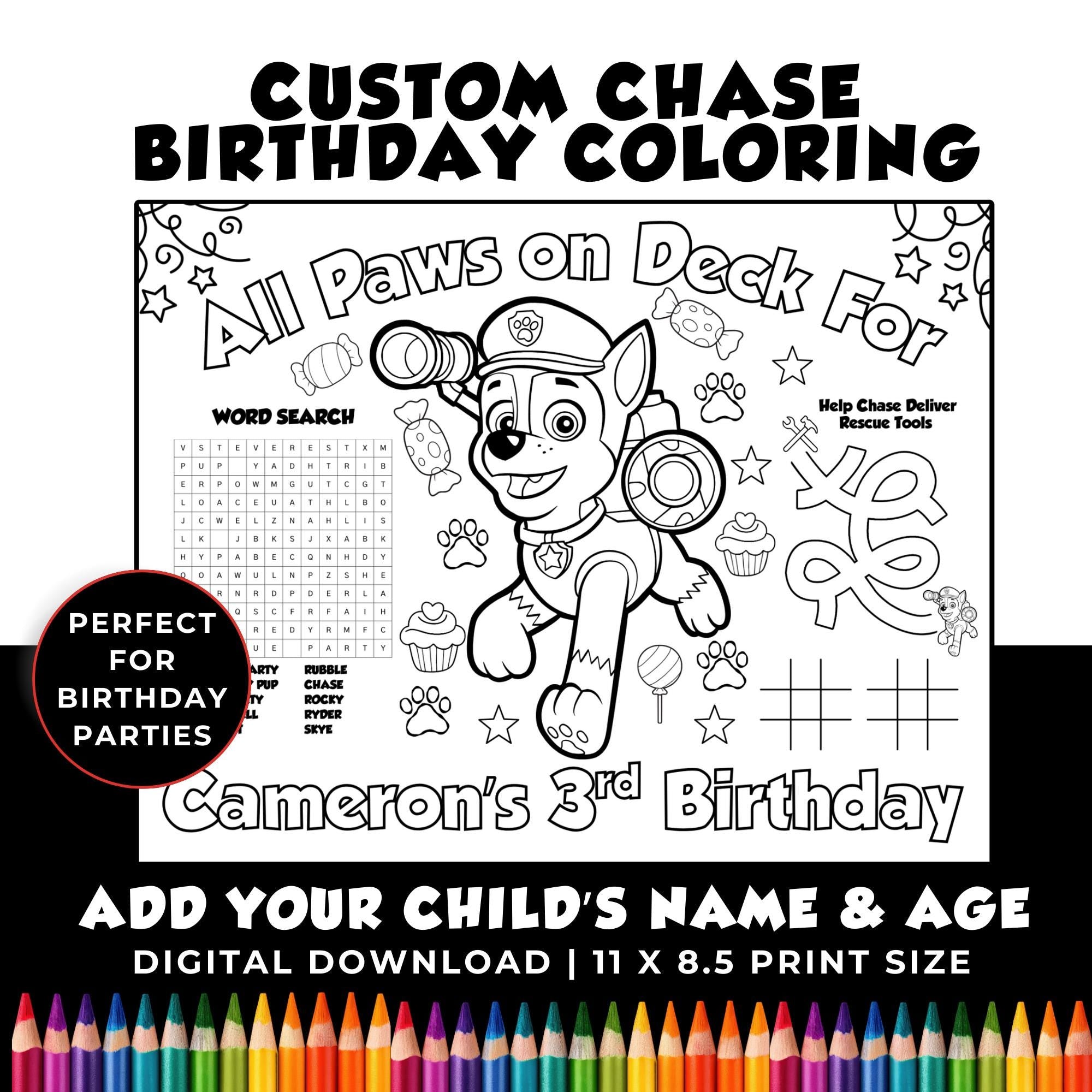 Personalized Paw Dogs Birthday Coloring | Printable Chase Birthday Coloring Page | Paw Party Favors | Done for You Design Birthday Coloring