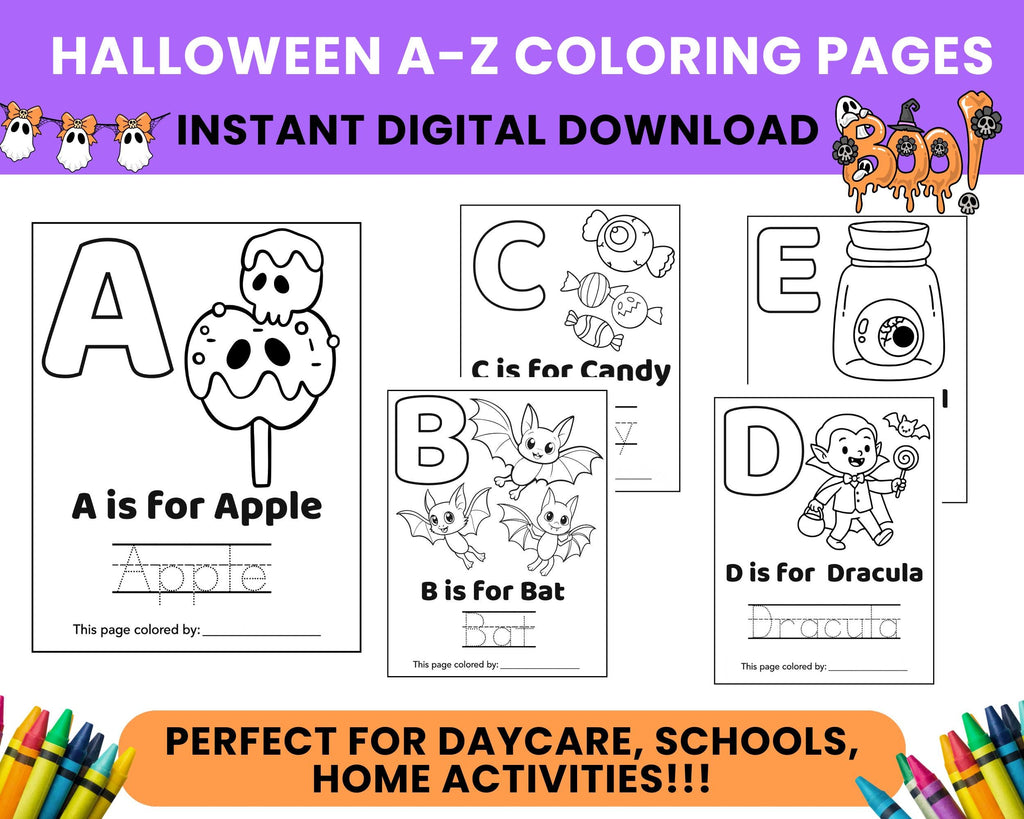Halloween Alphabet Coloring Pages A–Z Printable | Preschool & Kindergarten Letter Tracing Worksheets | Halloween ABC Activity Book PDF