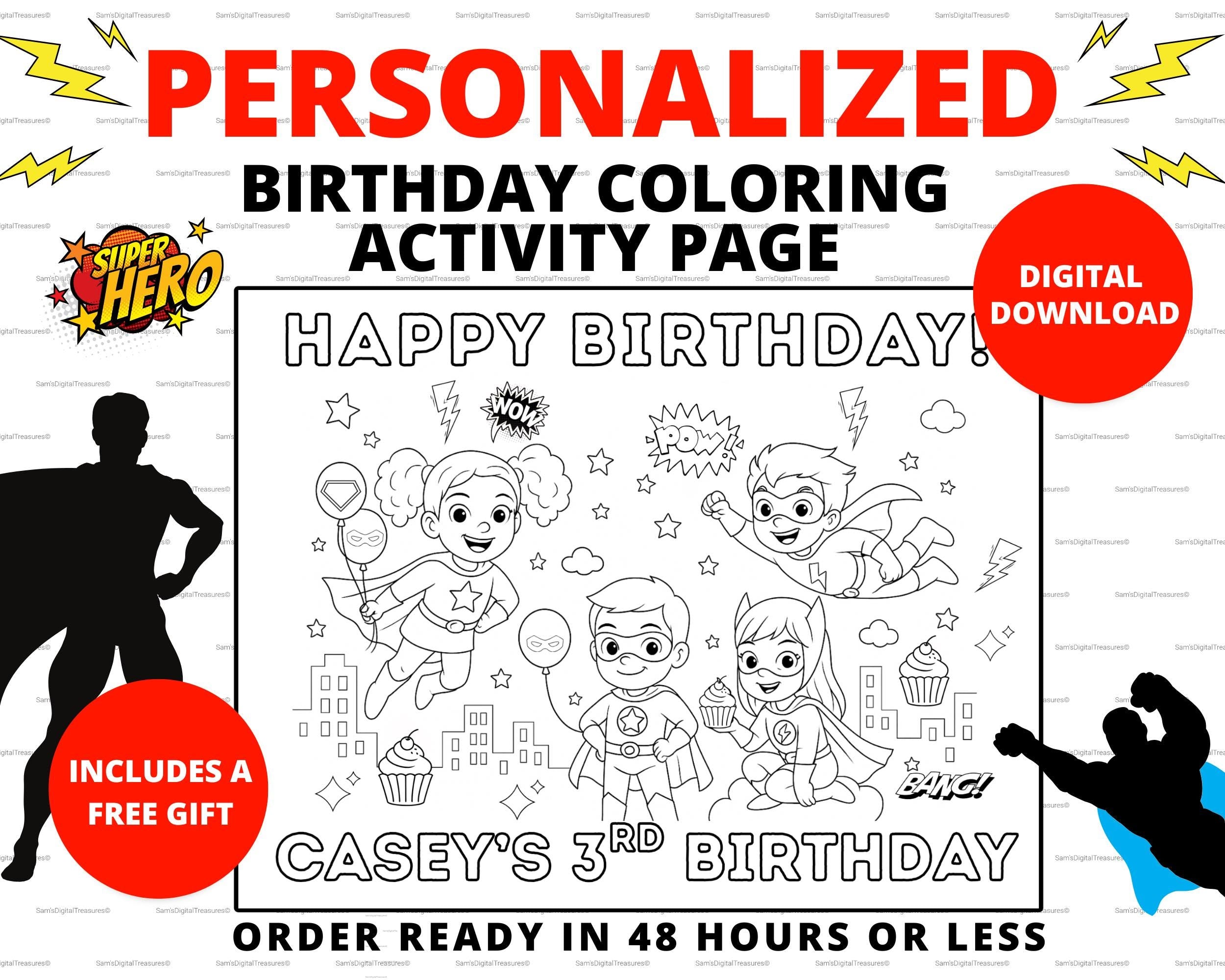 Custom Superhero Birthday Coloring Pages Printable Coloring Sheet for Kids Party Favors