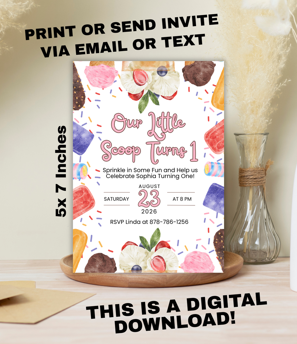 Ice Cream 1st Birthday Invitation for Girl | Sweet One Birthday Invite | Custom 5x7 Pink Ice Cream Party Invitation