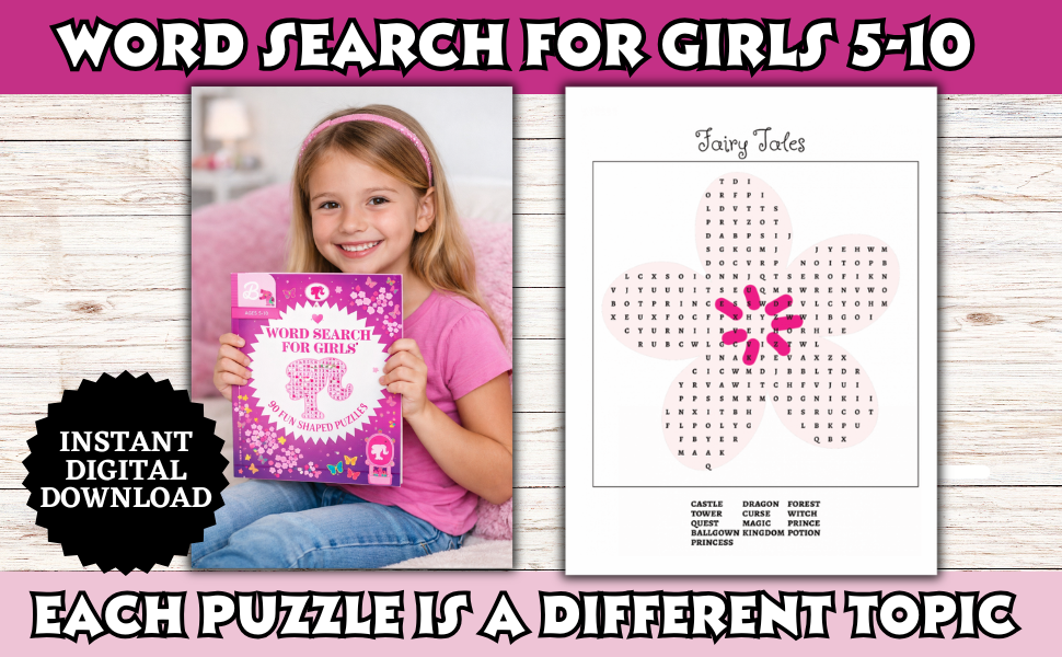 Word Search for Girls Ages 5–10 | Barbie-Themed Word Search Book | 90 Fun Shaped Puzzles for Kids | Educational Activity Book
