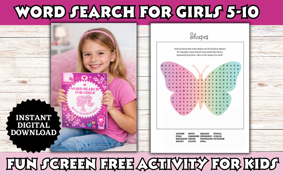 Word Search for Girls Ages 5–10 | Barbie-Themed Word Search Book | 90 Fun Shaped Puzzles for Kids | Educational Activity Book